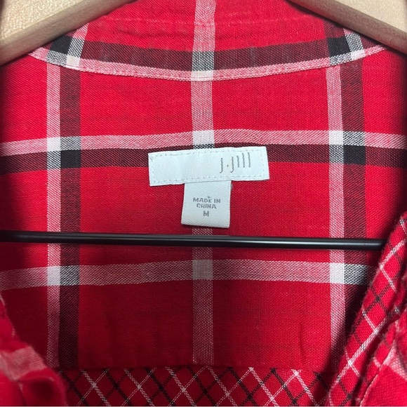 J. Jill Women Button Downn Tunic Top Medium Red Plaid Holiday Pockets - Picture 4 of 10